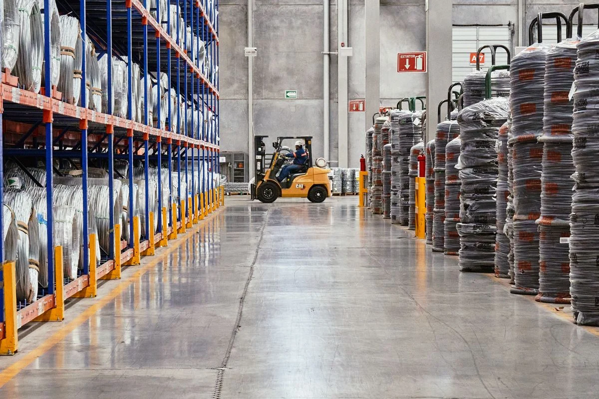 Stocked industrial warehouse with palletised goods and a forklift